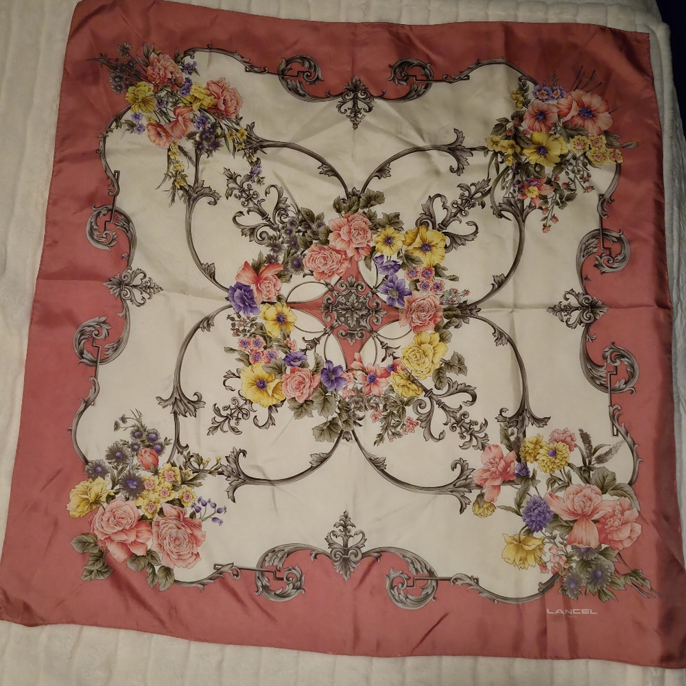Vintage Lancel Paris Scarf Floral Patterned Scarf by - Pink and Cream